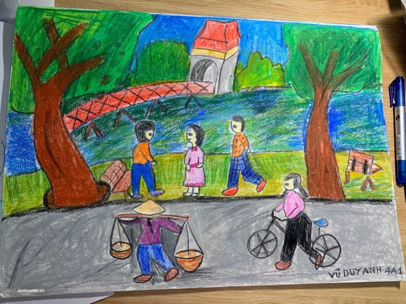 Vẽ tranh em yêu Hà Nội đơn giản đẹp của học sinh lớp 4