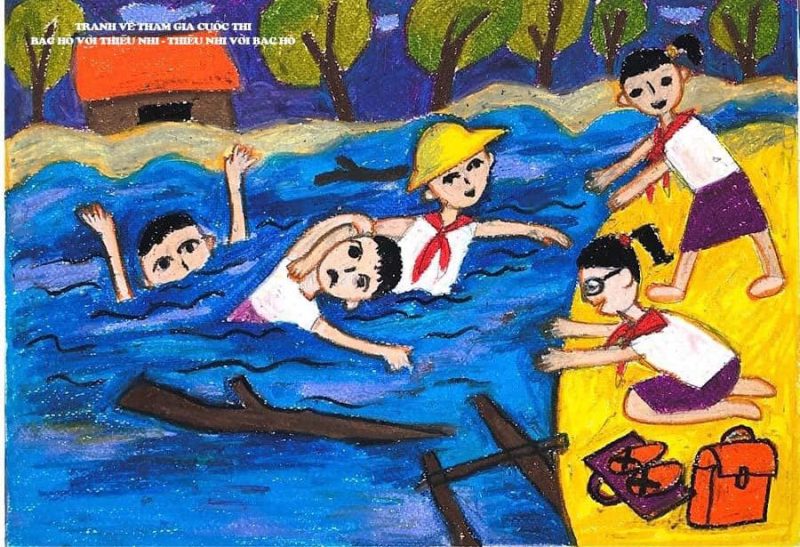 vẽ tranh thiếu nhi làm nghìn việc tốt cứu bạn gặp nạn đuối nước