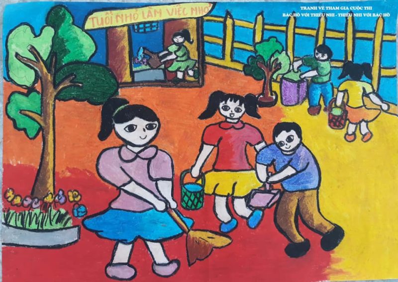 vẽ tranh thiếu nhi làm nghìn việc tốt dọn dẹp rác sân trường