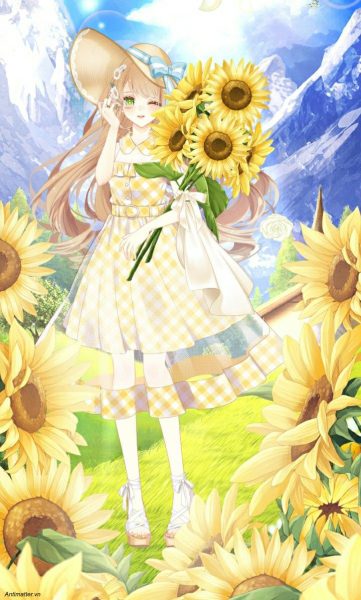 Hình ảnh anime nữ và hoa Hướng Dương