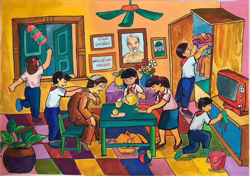 Tranh vẽ về chủ đề tự hào là công dân Việt Nam và yêu quý người có công với nước