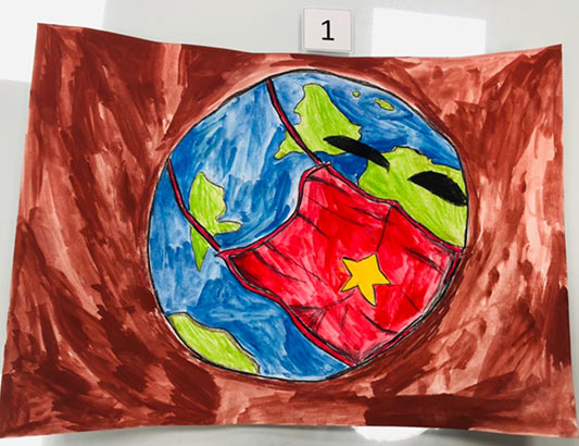 Vẽ tranh về chủ đề tự hào là công dân Việt Nam trên trái đất đeo mặt nạ cờ đỏ sao vàng
