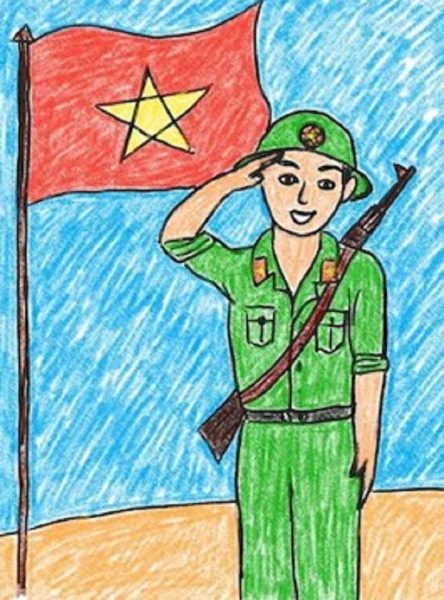 Vẽ bức tranh tự hào là công dân Việt Nam các chú bộ đội chào cờ