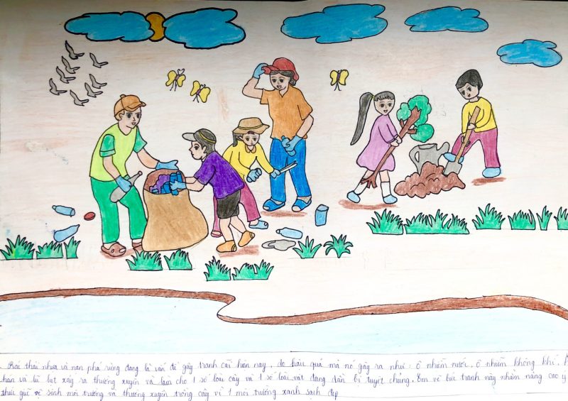 vẽ tranh Vì môi trường tương lai trẻ em nhặt rác và trồng cây