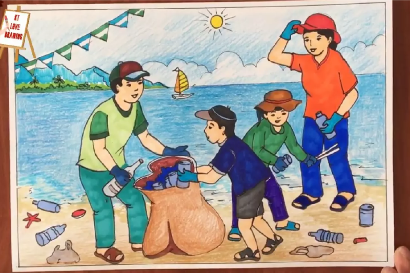 Tranh chủ đề lao động dọn dẹp bãi biển