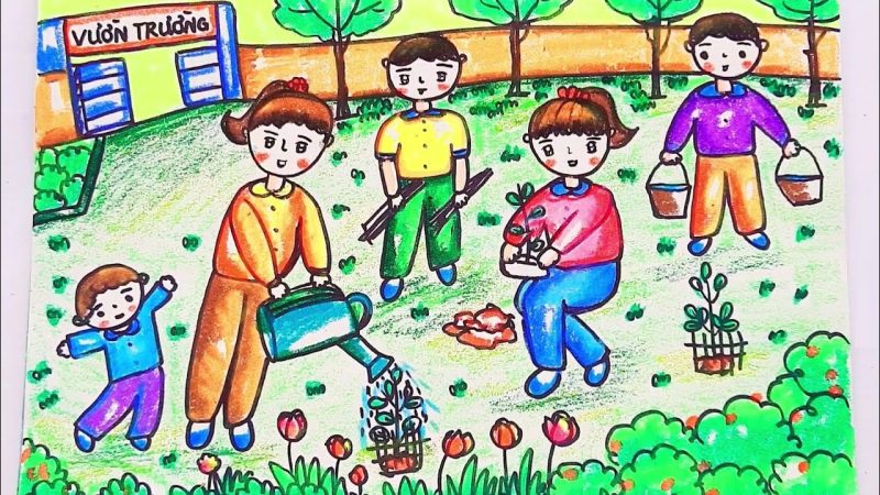 Vẽ tranh về chủ đề lao động trồng cây ở vườn trường